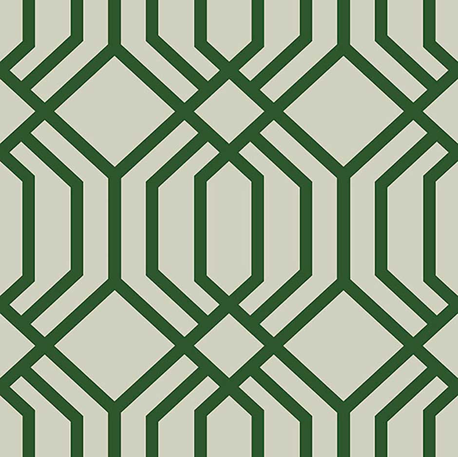 Geometric pattern with dark green lines forming diamonds and hexagons on a light beige background