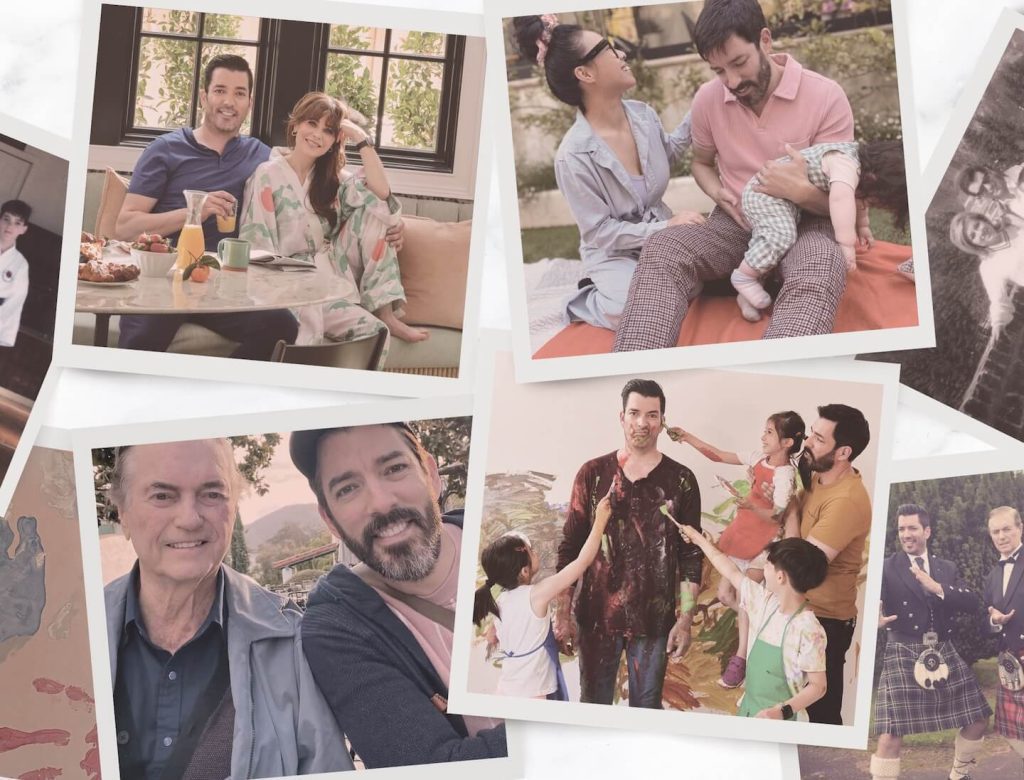 A collage of family photos of Drew and Jonathan with family members