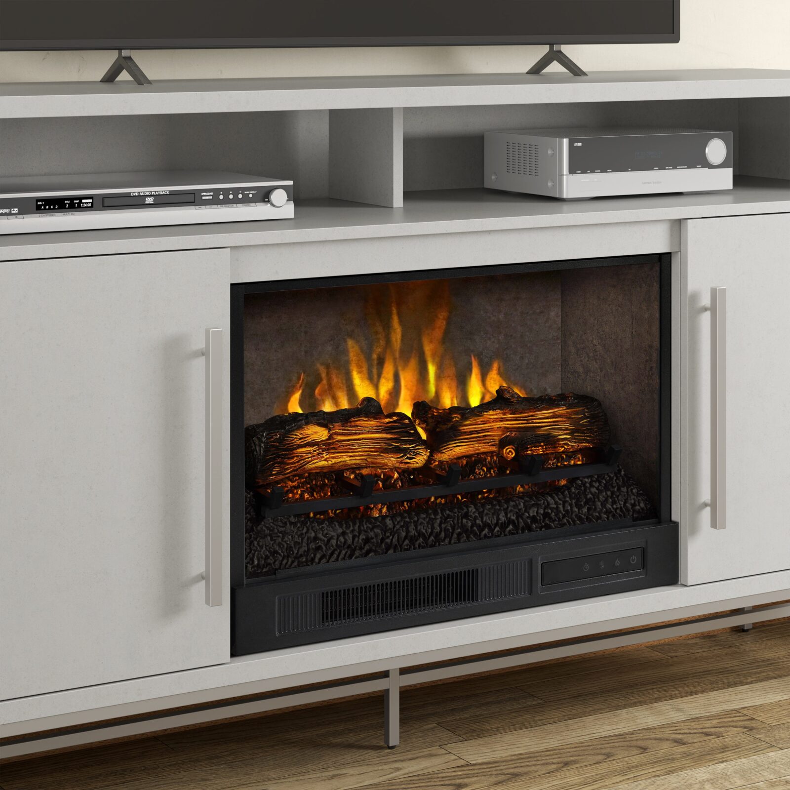 Electric fireplace with realistic log flames built into a modern media console