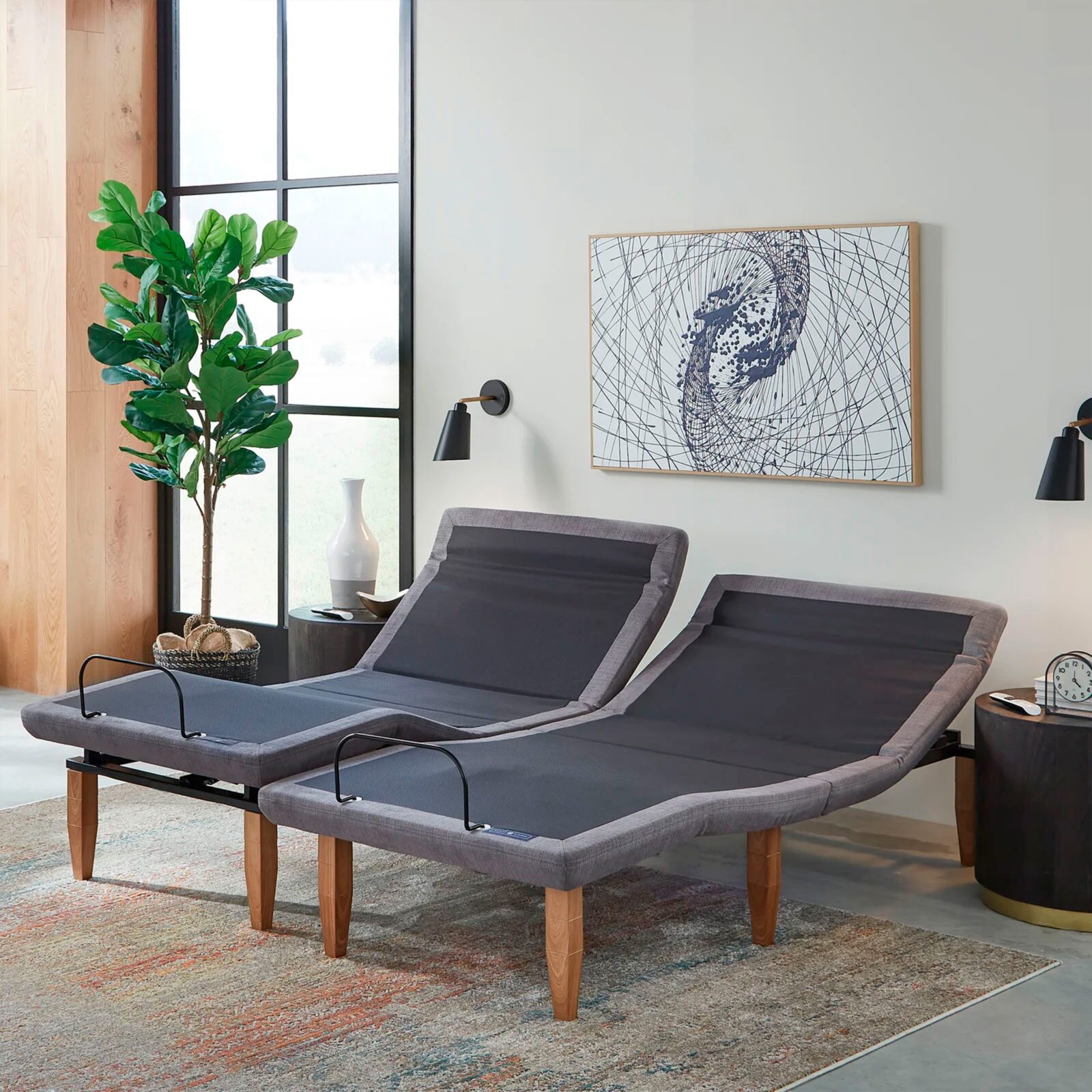 Bedroom with dual adjustable bed frames, abstract wall art, and a large potted plant by the window