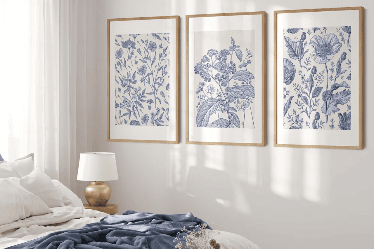 Three framed blue floral prints above a nightstand with a gold lamp in a cozy bedroom