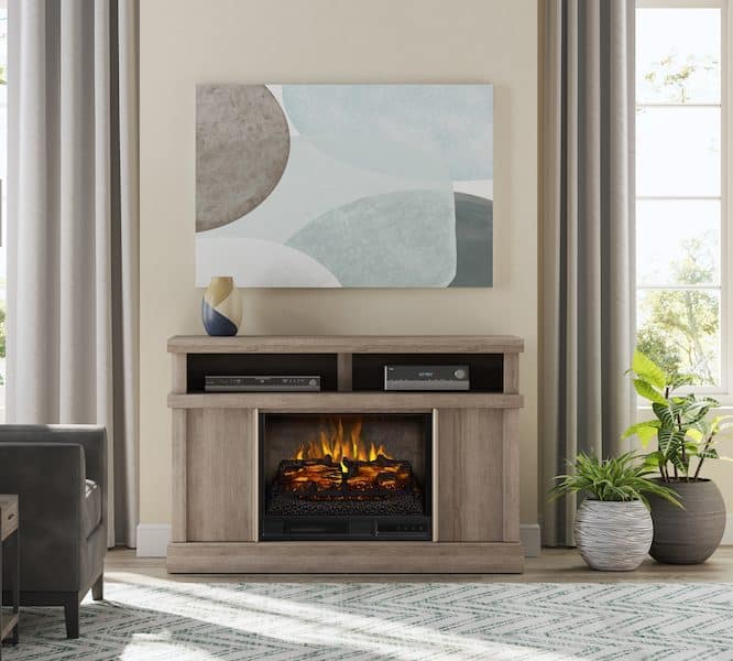 Freestanding Media Console Wooden Electric Fireplace with a realistic flame effect, sitting beneath a framed painting in a living room