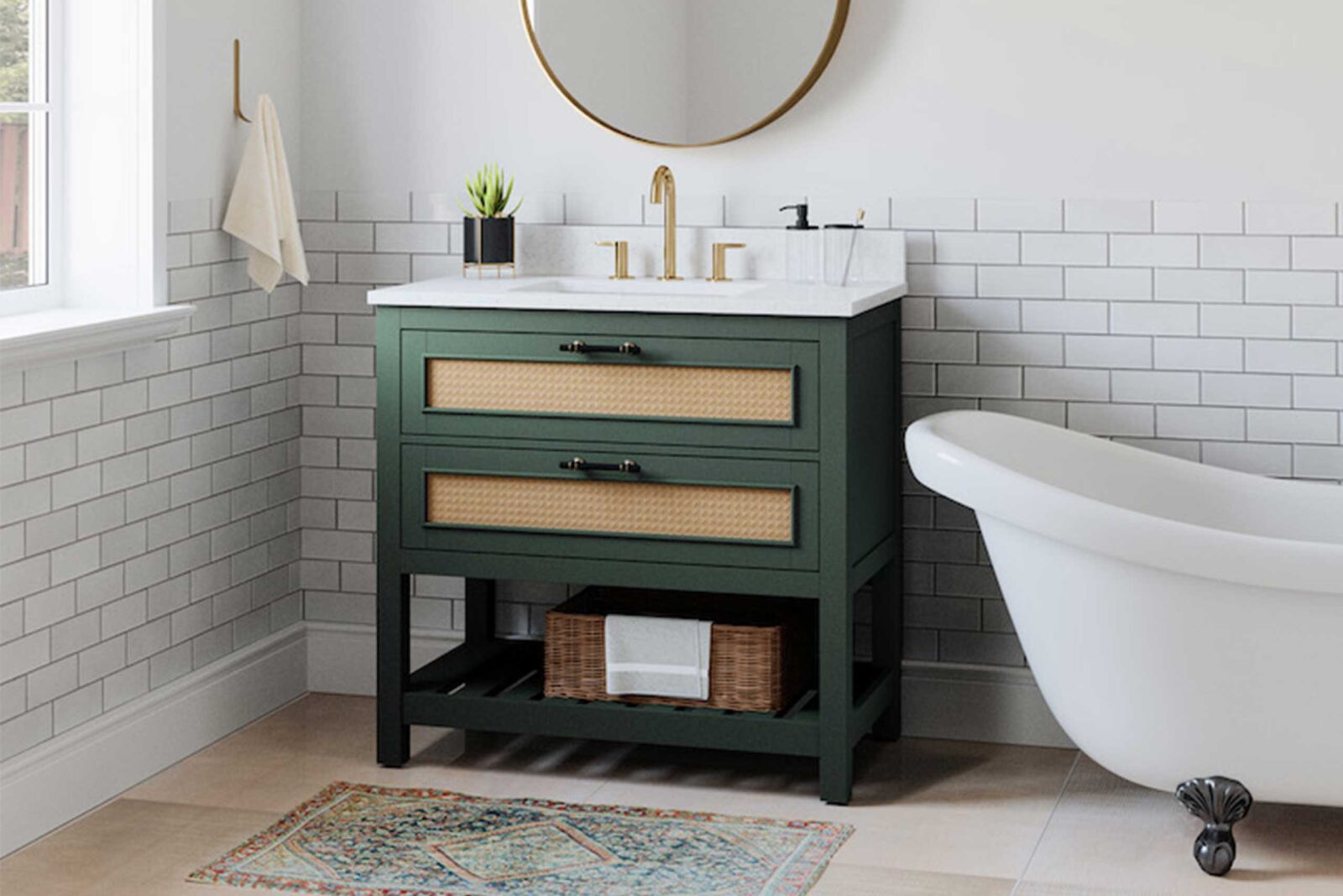 Bathroom with green vanity clawfoot tub and gold fixtures