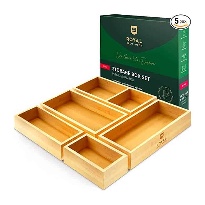 Bamboo storage box set with five organizing trays and product packaging