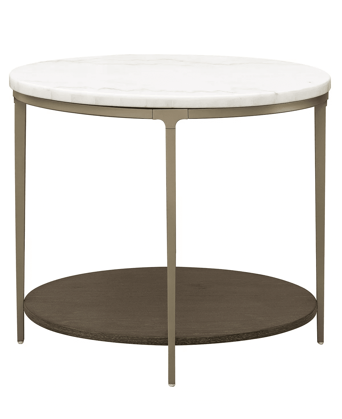 Round coffee table with white marble top, gold metal frame, and dark wood lower shelf