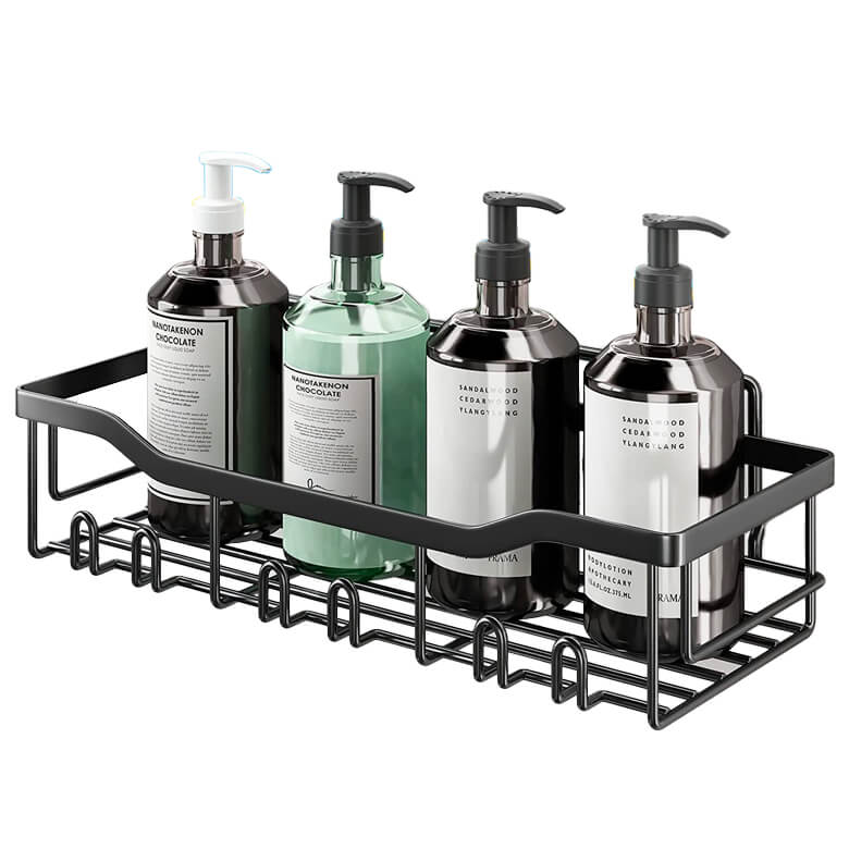 Black metal shower caddy holding four pump bottles of bath products