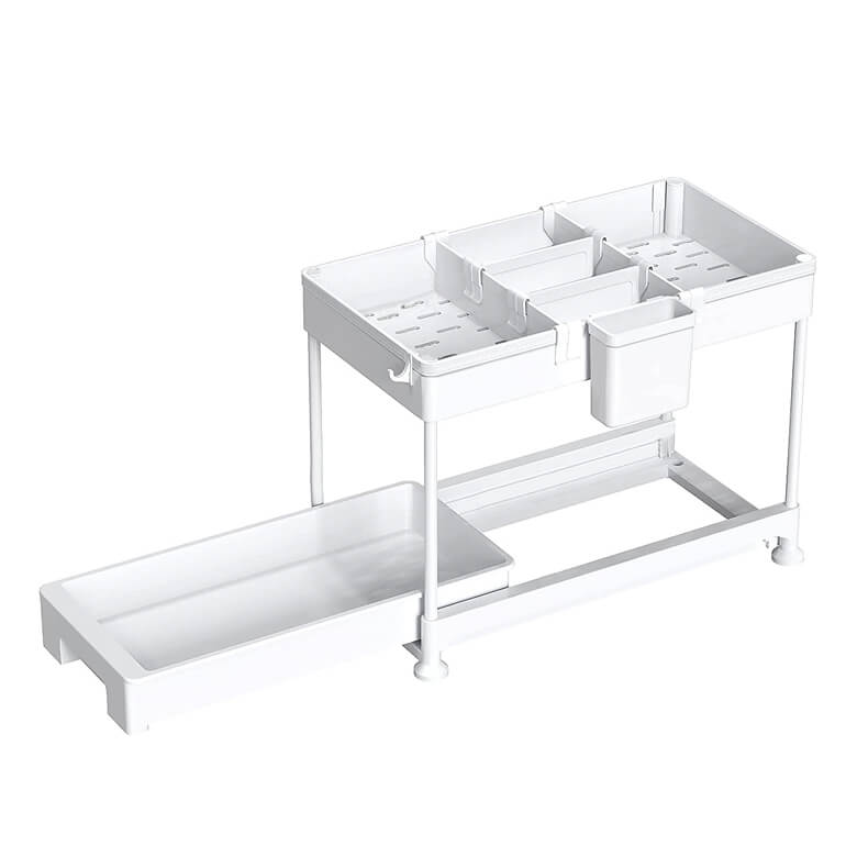 White multi-compartment under-sink organizer with adjustable sliding tray