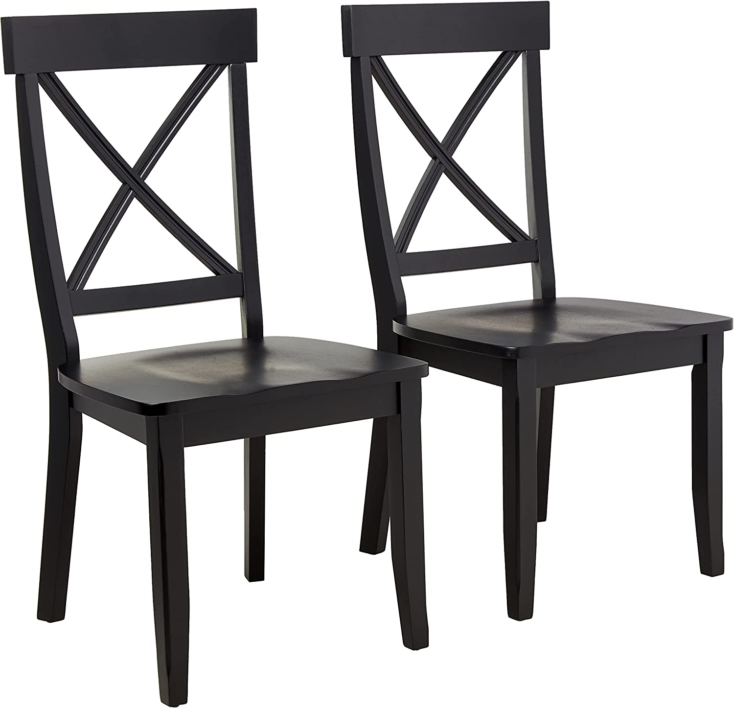 Set of two black wooden chairs with X-back design and contoured seats