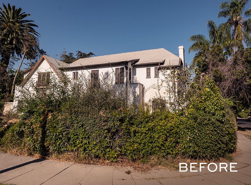 Overgrown two-story white house with black trim, obscured by dense vegetation