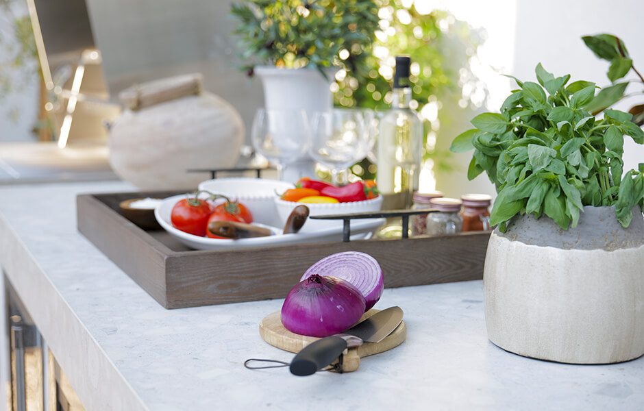 Outdoor kitchen counter with vegetables, herbs, and a halved red onion.