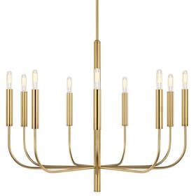 Gold chandelier with eight curved arms and exposed candle-style bulbs