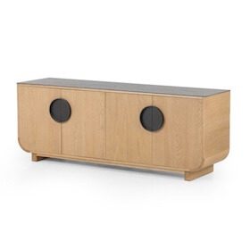 Light wood sideboard with rounded edges, black circular handles, and a dark top surface