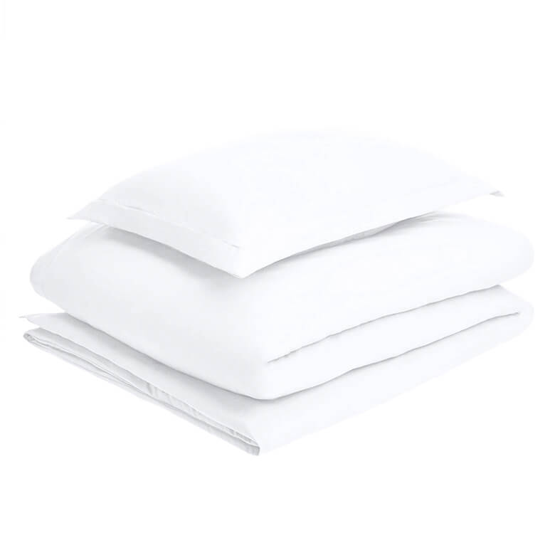 White bedding set with a duvet cover and matching pillow shams