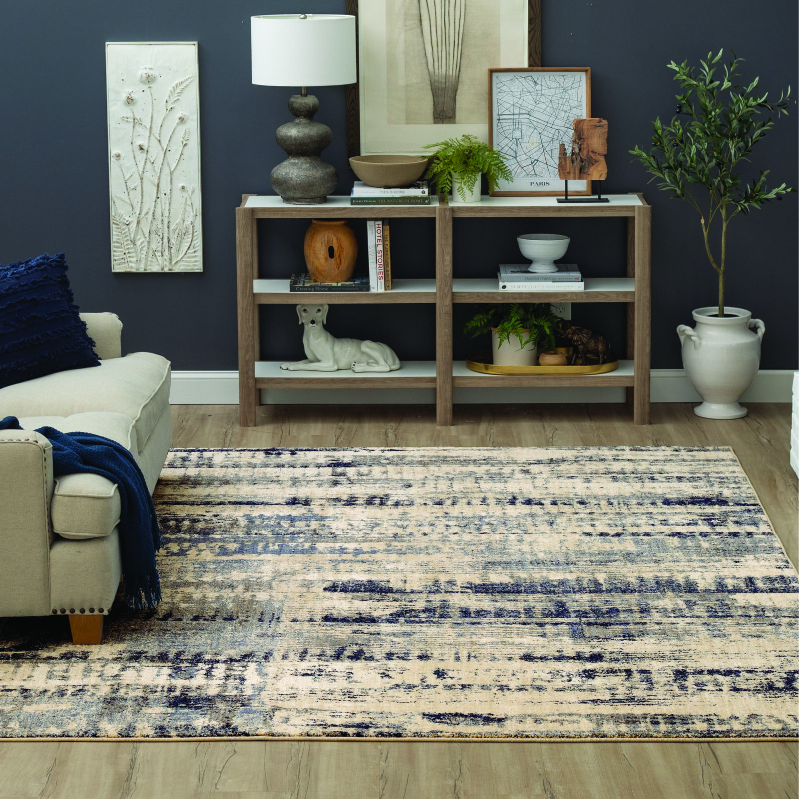 Living room with abstract rug, modern bookshelf, and decorative accents