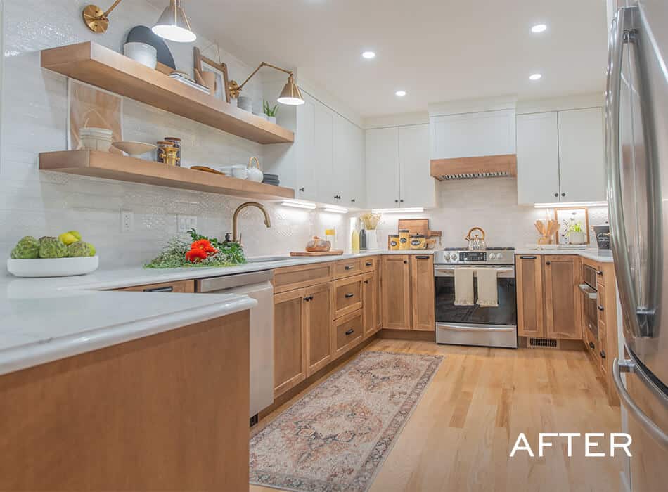 Renovated kitchen with wood and white cabinets, open shelves, stainless steel appliances, and bright lighting