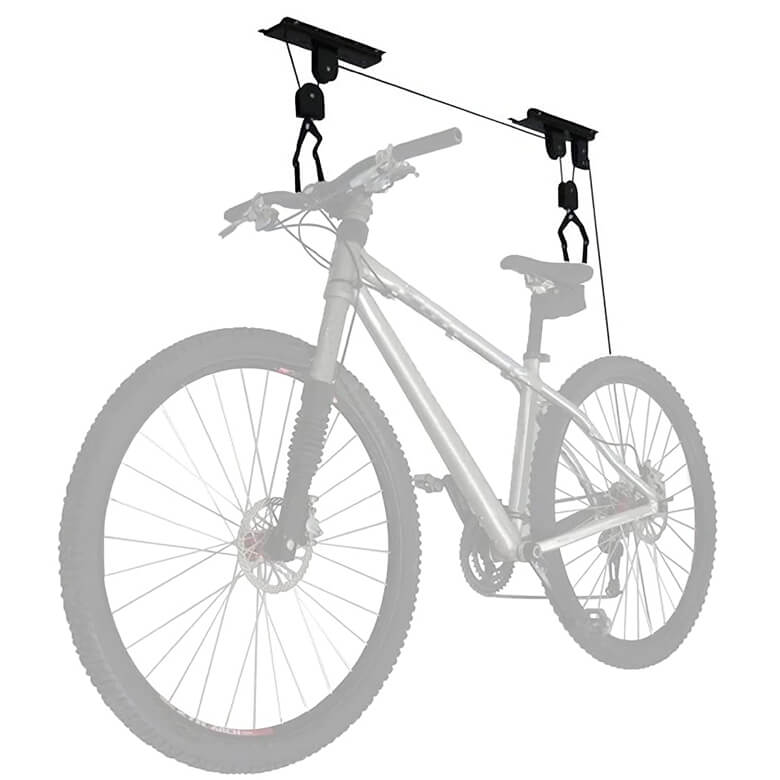 Ceiling-mounted bike hoist with pulley system for vertical bicycle storage