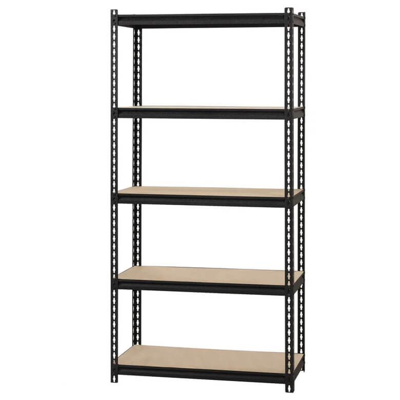Five-tier black metal shelving unit with wooden shelves for storage or organization