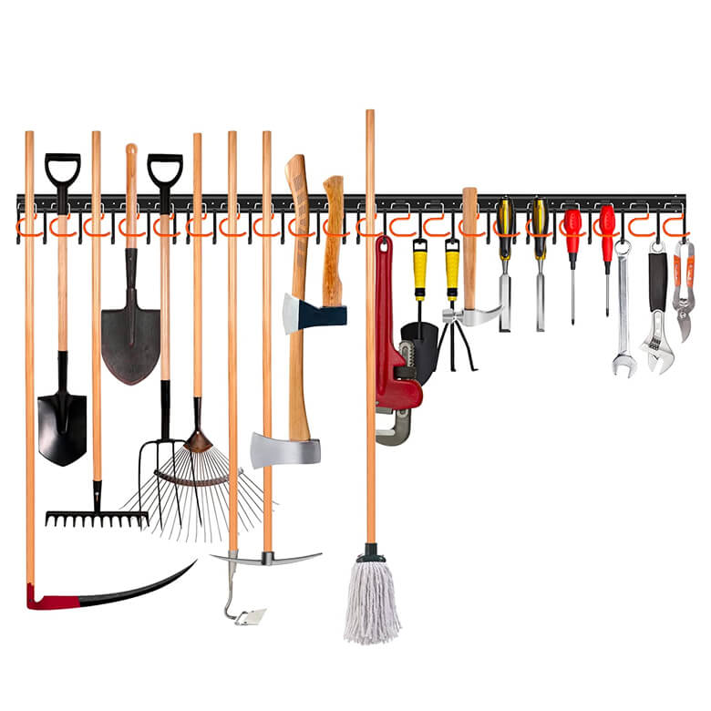 A wall-mounted tool organizer holding various gardening and hand tools, including shovels, rakes, axes, screwdrivers, and wrenches