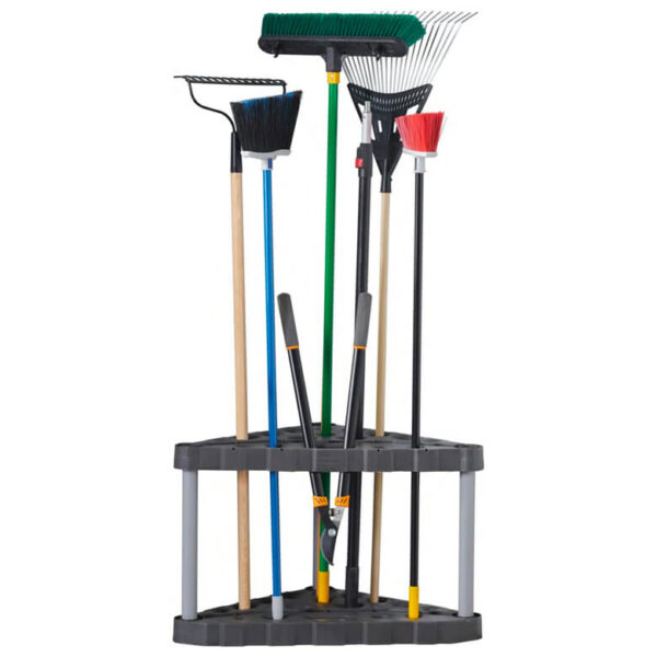 Garden tool rack with brooms, rakes, and shears