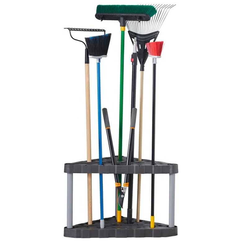 Garden tool rack with brooms, rakes, and shears