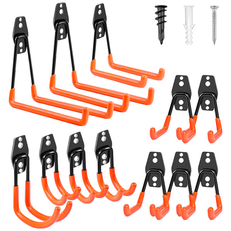 Garage wall hooks set with orange rubber coating and mounting hardware