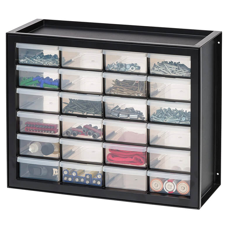 Plastic drawer organizer with screws, plugs, batteries, and small tools