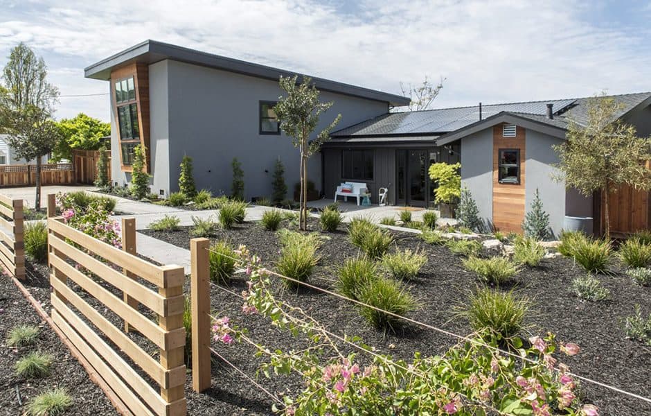 Modern gray house with sloped roof and drought-tolerant landscaping