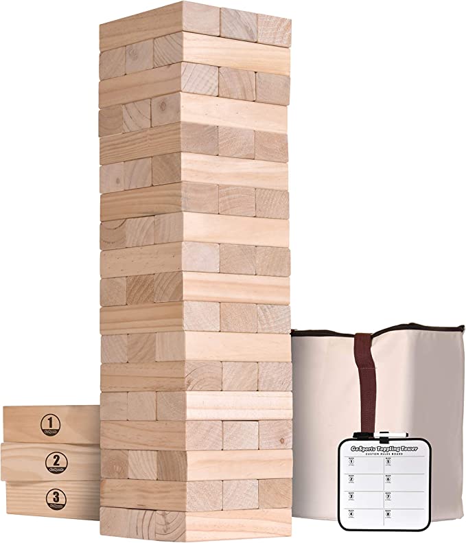 Wooden block stacking game set with numbered pieces, storage bag, and scorecard