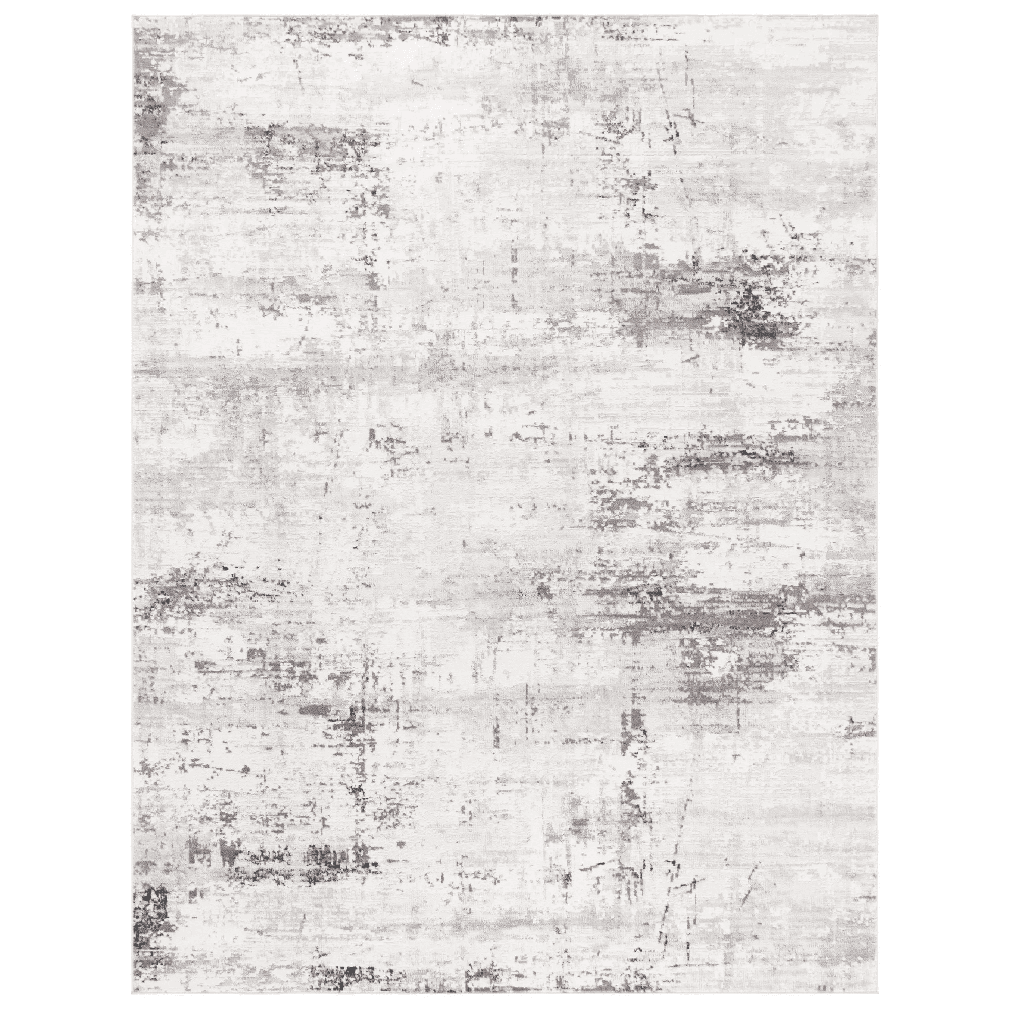 Abstract distressed area rug with a white and gray textured pattern
