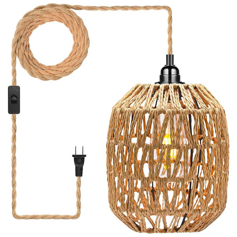 Rope pendant light with woven shade and plug-in cord