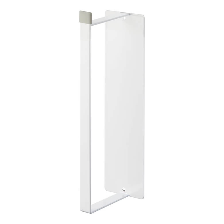 Minimalist white metal wall-mounted paper towel holder with a simple rectangular frame design