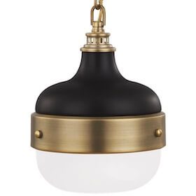 Black and brass pendant light with a white glass shade