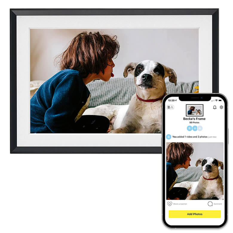 Digital photo frame displaying a child and dog, shown with a smartphone app for uploading photos