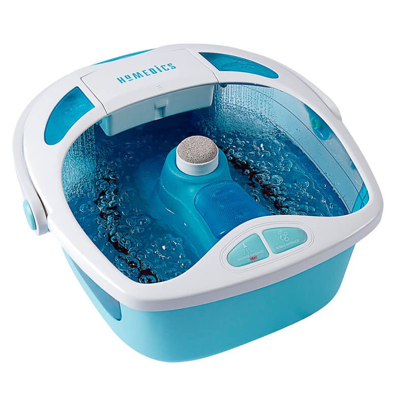 Blue and white HoMedics foot spa with bubbling water and built-in pumice stone