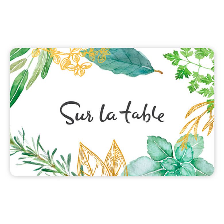 Sur La Table gift card decorated with green and gold botanical illustrations