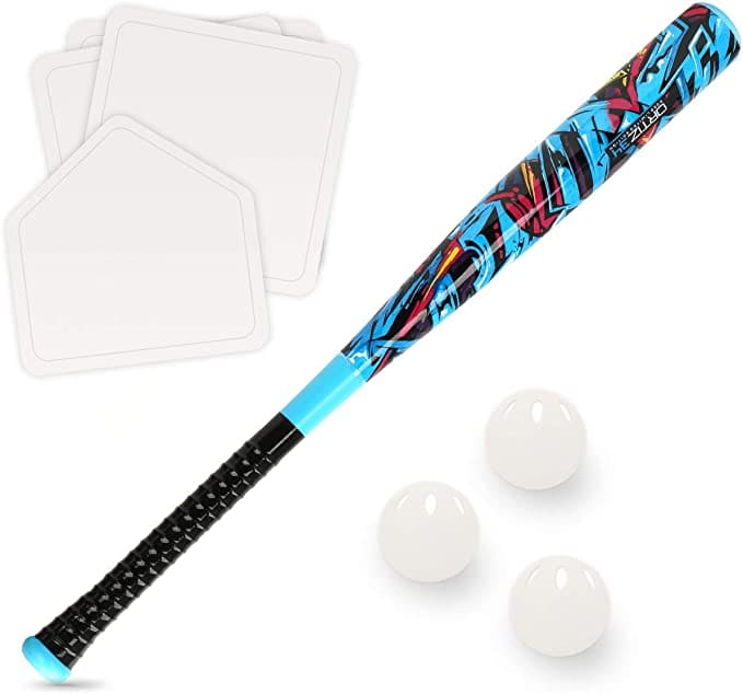 Colorful baseball bat with a graffiti design, three white balls, and base plates