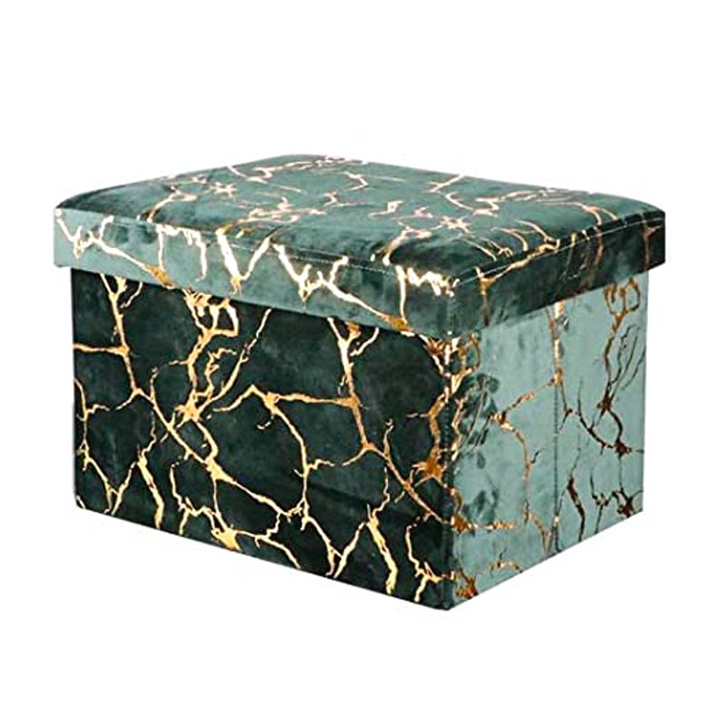 Green velvet storage ottoman with gold marble pattern design