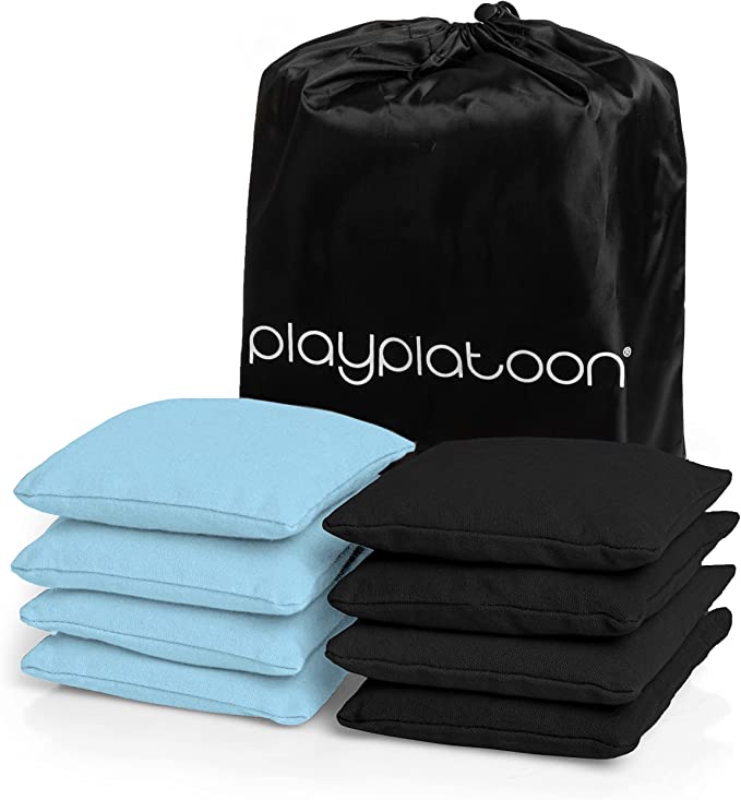 Set of light blue and black bean bags with a black Play Platoon carrying bag