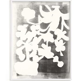 Abstract black and white artwork featuring bold white plant-like shapes on a textured dark background