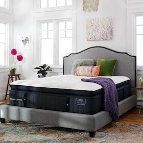 Elegant bedroom with upholstered bed frame plush mattress and decorative pillows