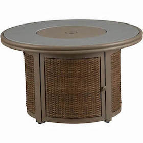 Round wicker fire pit table with a built-in storage compartment