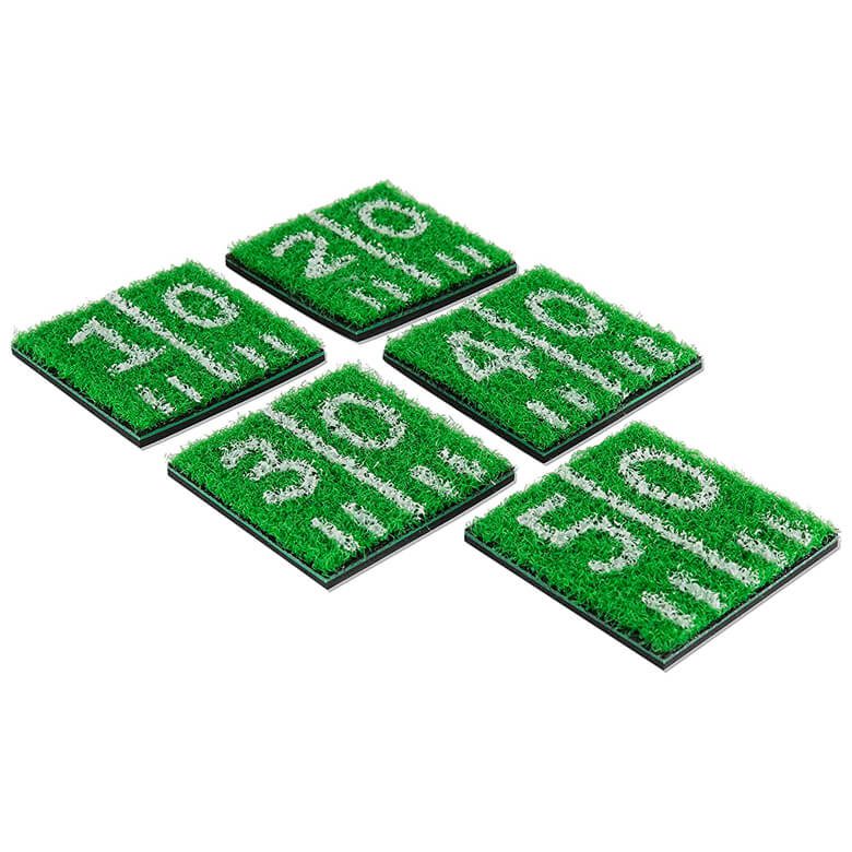 Football field-themed coasters with yard line markings
