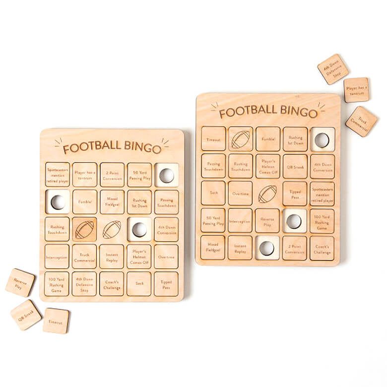Wooden football bingo game with engraved tiles and sliding markers
