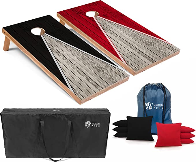 Cornhole board set with red and black designs, bean bags, carrying case, and drawstring bag
