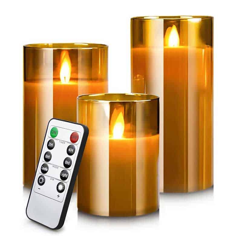 Set of three gold LED candles with remote control