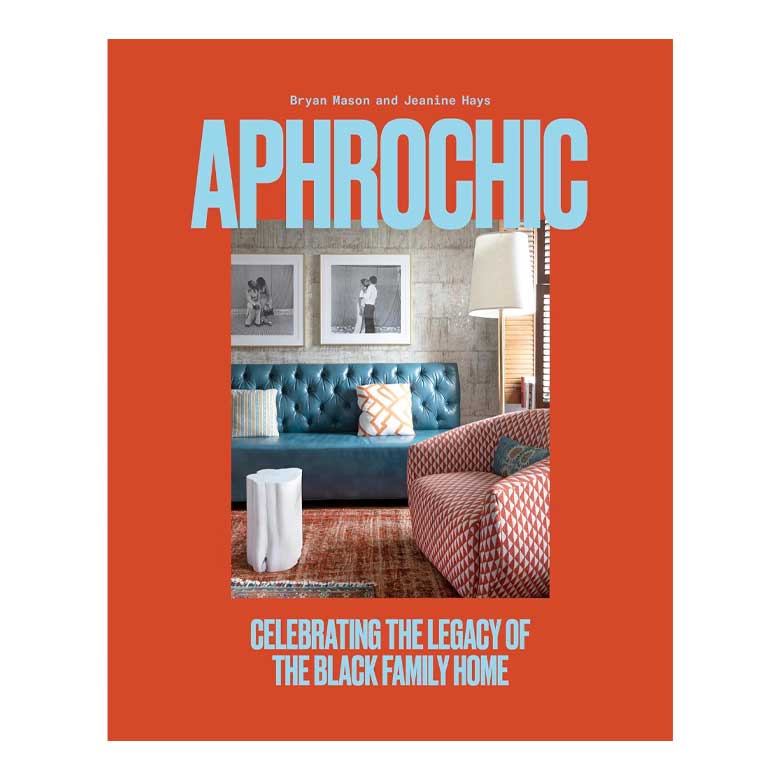Book cover titled "Aphrochic" with interior photo of blue sofa and patterned chair