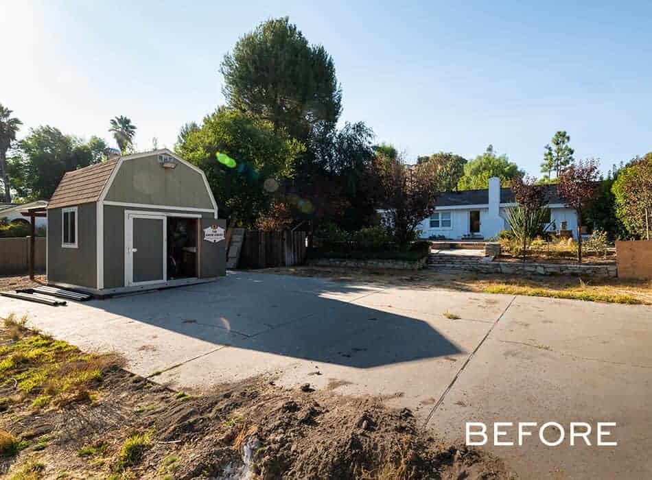 Driveway with small gray shed and house in the background, labeled "Before."