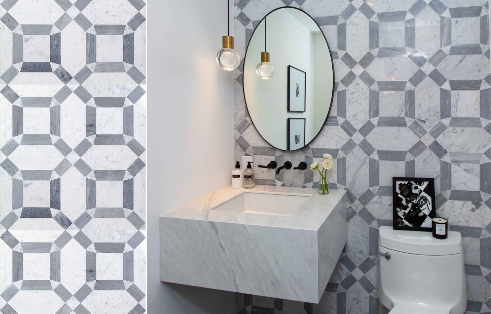 Bathroom with geometric tile design, marble sink, oval mirror, and stylish pendant lighting