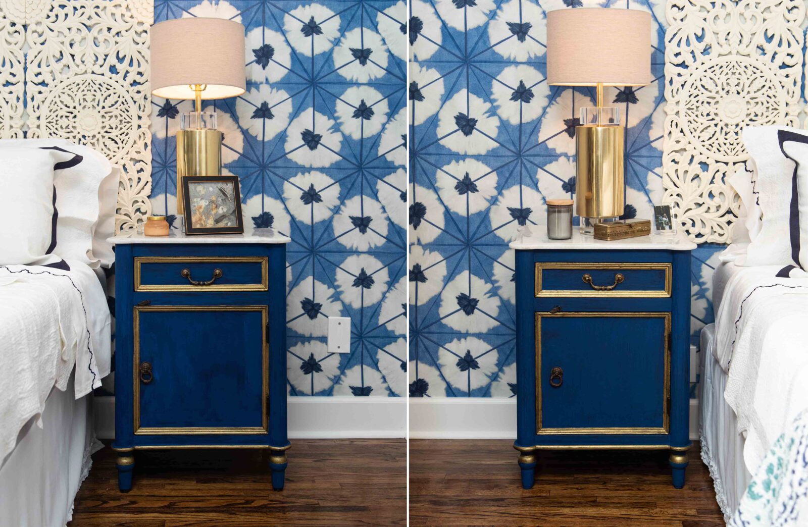 Blue bedside tables with lamps against a patterned wall