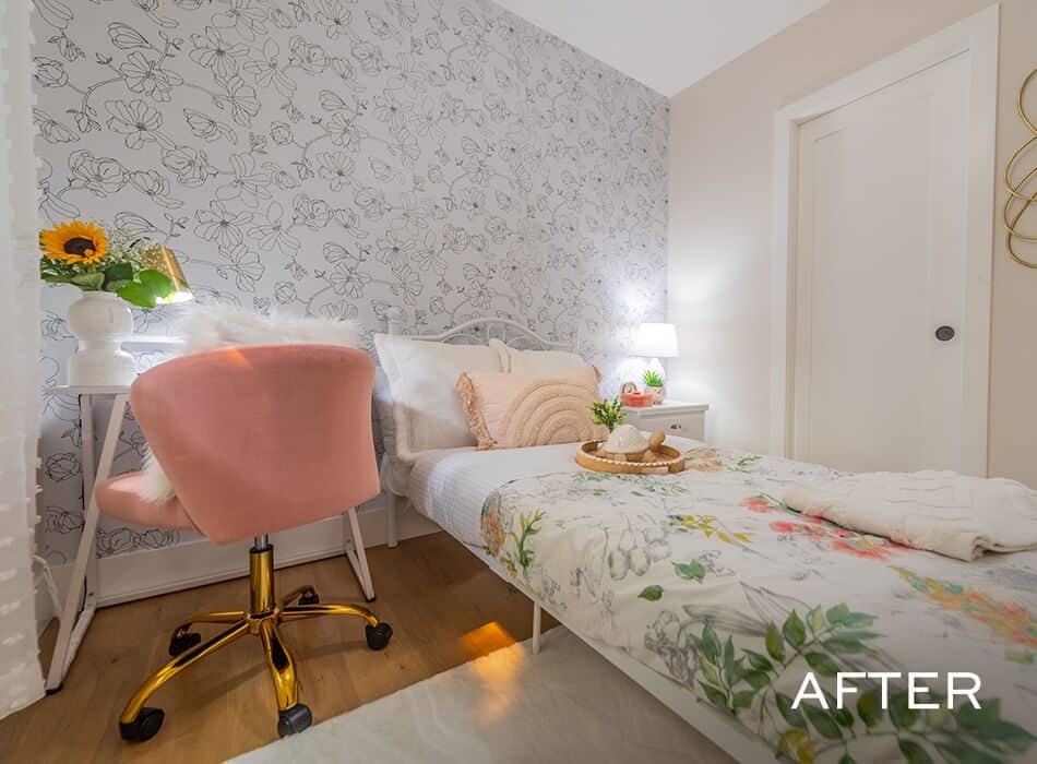 A bright and floral bedroom refresh, featuring soft pastel accents, a cozy workspace, and inviting decor